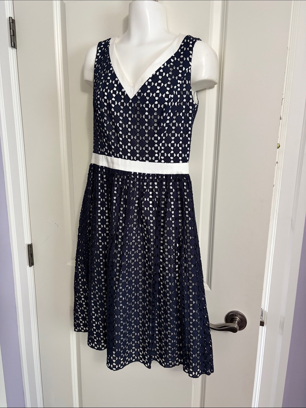 Anne Klein Navy and White V-Neck Lace Fit & Flare Midi Dress